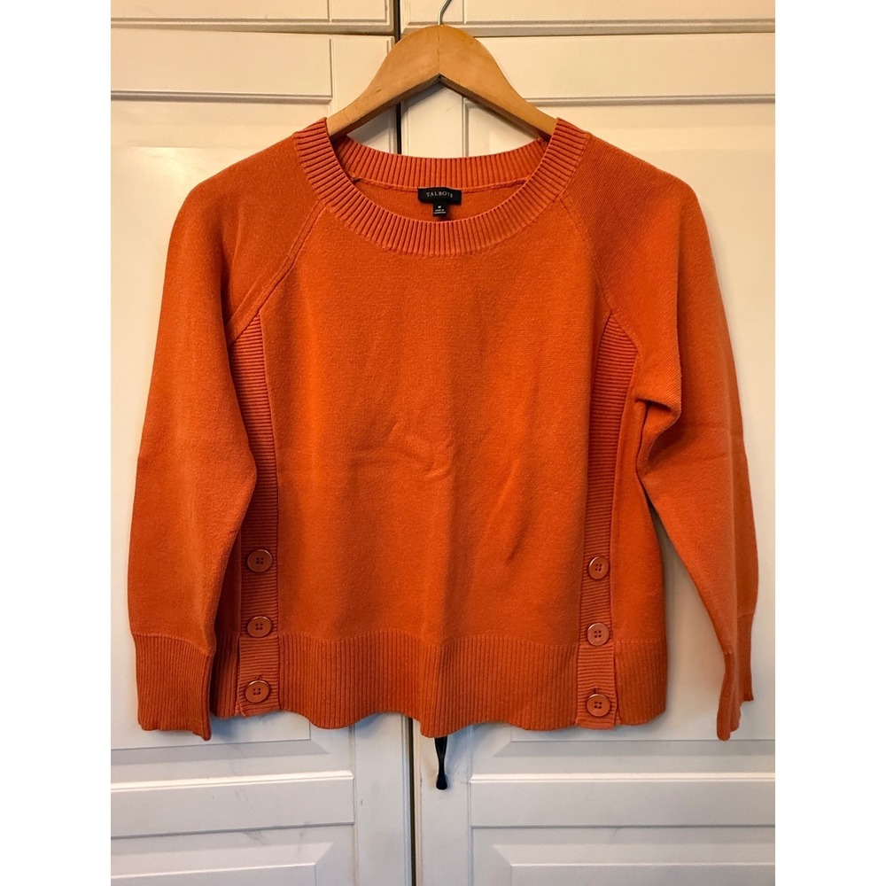 Talbots‎ Womens Orange Crewneck Side Button Raglan Sleeve Knit Sweater Size M